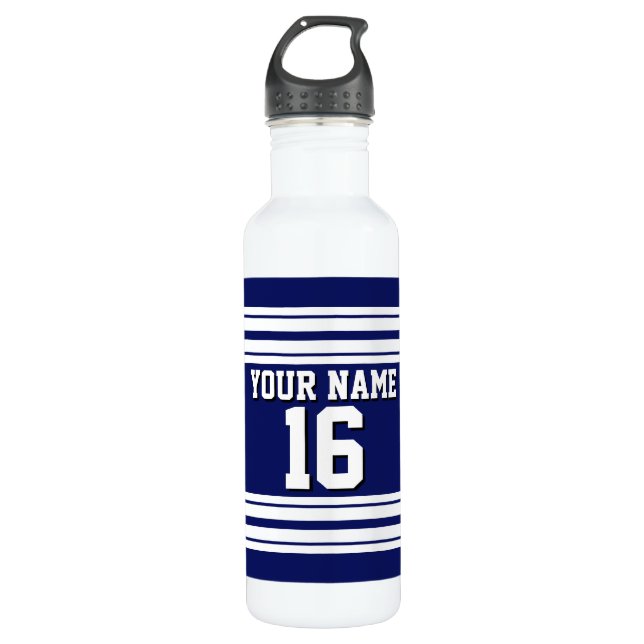 Navy Blue White Team Jersey Name Trinkflasche (Vorderseite)
