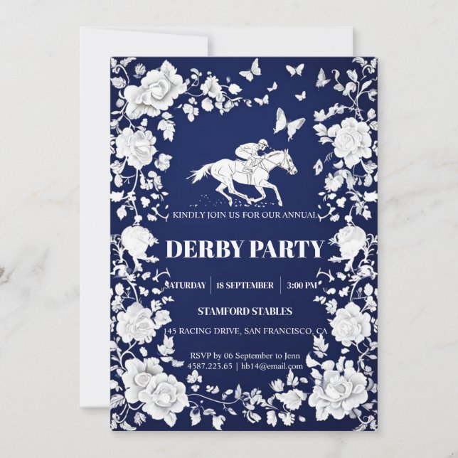 Navy Blue & White Toile Floral Kentucky Derby Invi Einladung (Vorderseite)