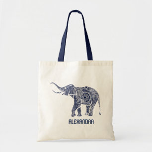 Navy Blue & White Verziert Wirbel Elephant Monogra Tragetasche