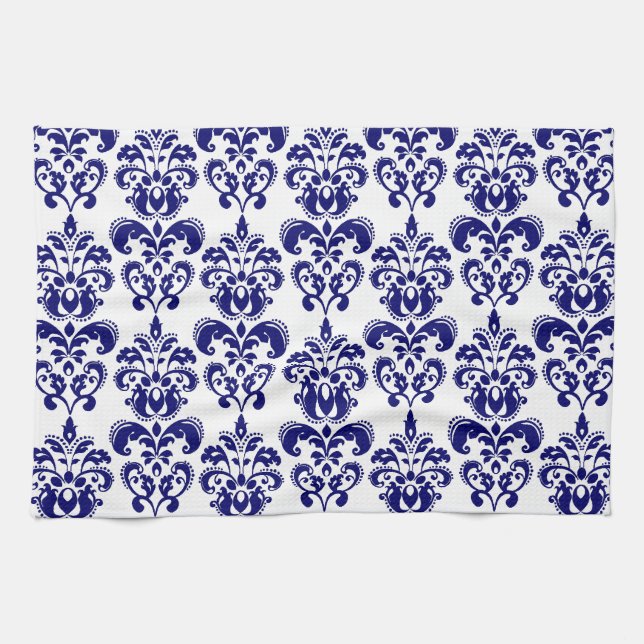 Navy Blue, White Vintag Damask Muster 2 Handtuch (Horizontal)