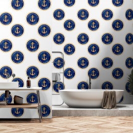Navy Blue White w/Yellow Boat Anchor Monogram Tapete