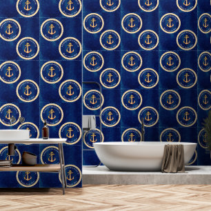 Navy Blue White w/Yellow Boat Anchor Monogram Tapete