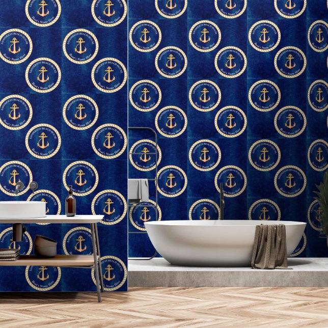 Navy Blue White w/Yellow Boat Anchor Monogram Tapete (Badezimmer)