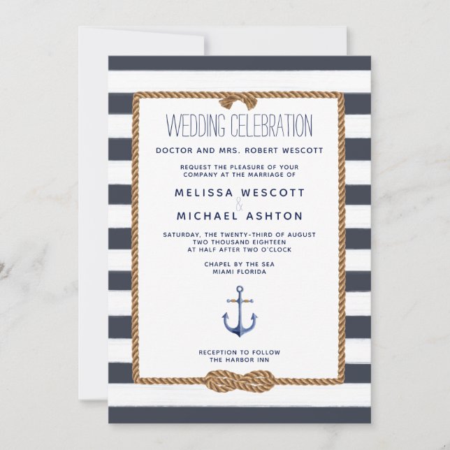 Navy Blue & White Watercolor Nautical Knot Wedding Einladung (Vorderseite)