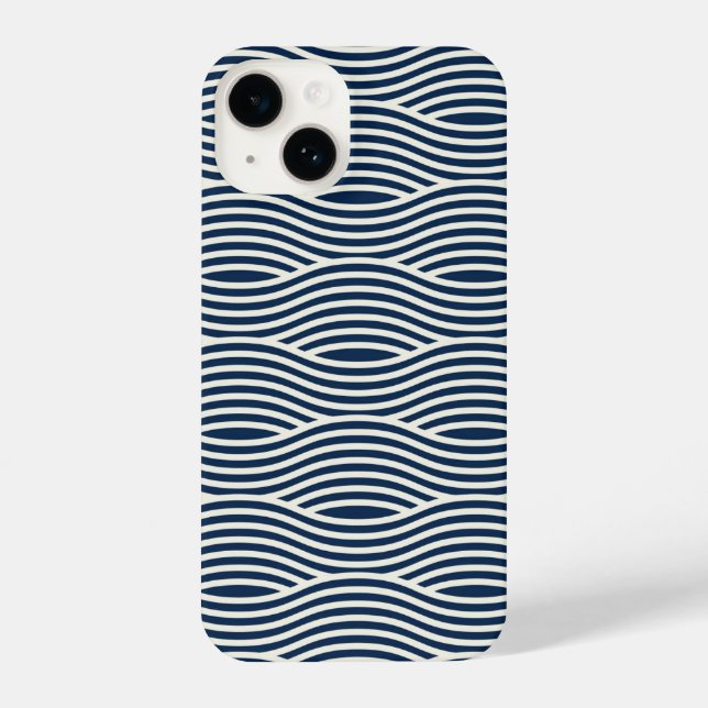 Navy Blue & White Wavy Muster iPhone Hülle (Rückseite)