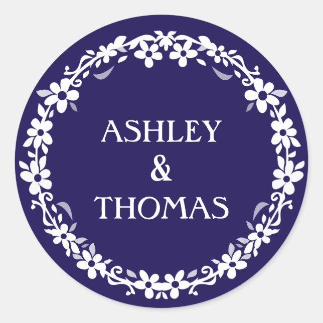 Navy Blue & White Wedcle Circle Floral Name Round Runder Aufkleber (Vorderseite)