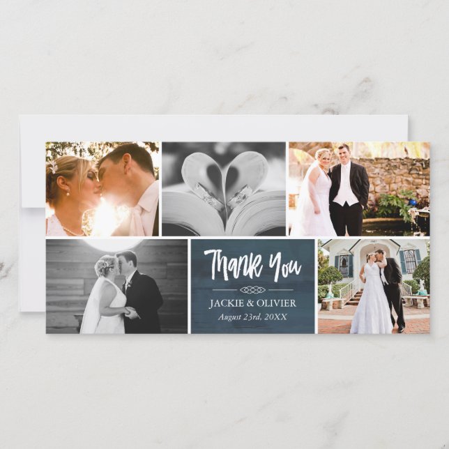 Navy Blue & White Wedding Foto Collage Vielen Dank Dankeskarte (Vorderseite)