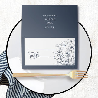Navy Blue White Wildblume Floral Minimal Bold Platzkarte