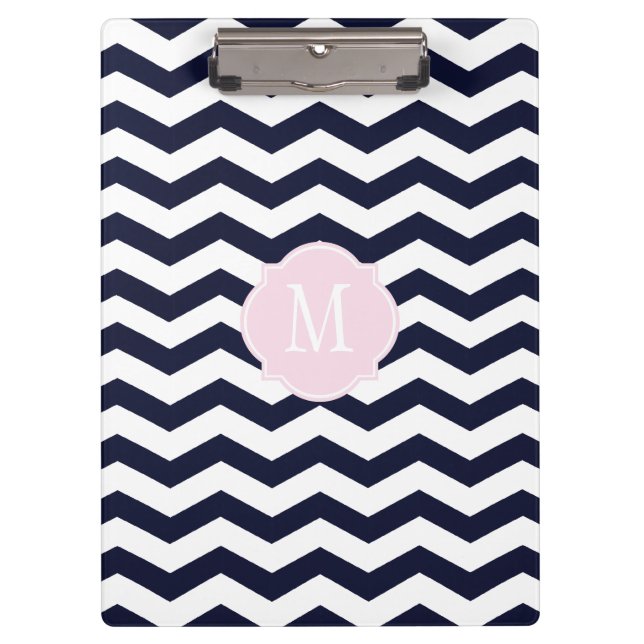 Navy Blue & White Zickzack Monogram Clipboard Klemmbrett (Vorderseite)