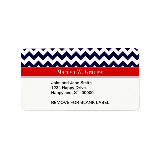 Navy Blue White Zickzack Zig Zag Red Name Monogram Adressaufkleber (Vorne)