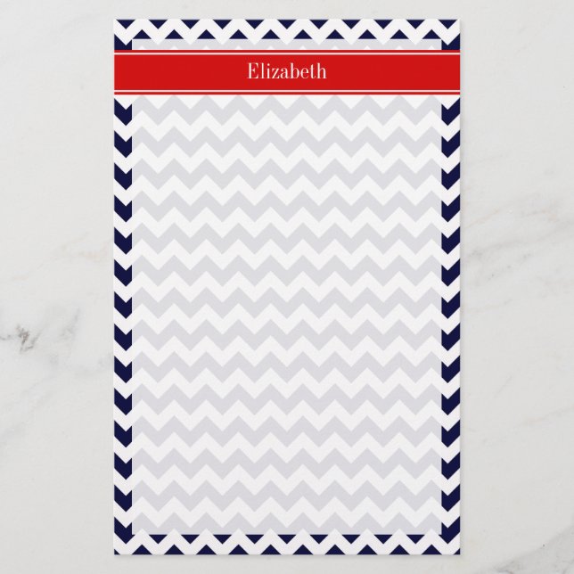 Navy Blue White Zickzack Zig Zag Red Name Monogram Briefpapier (Vorderseite)