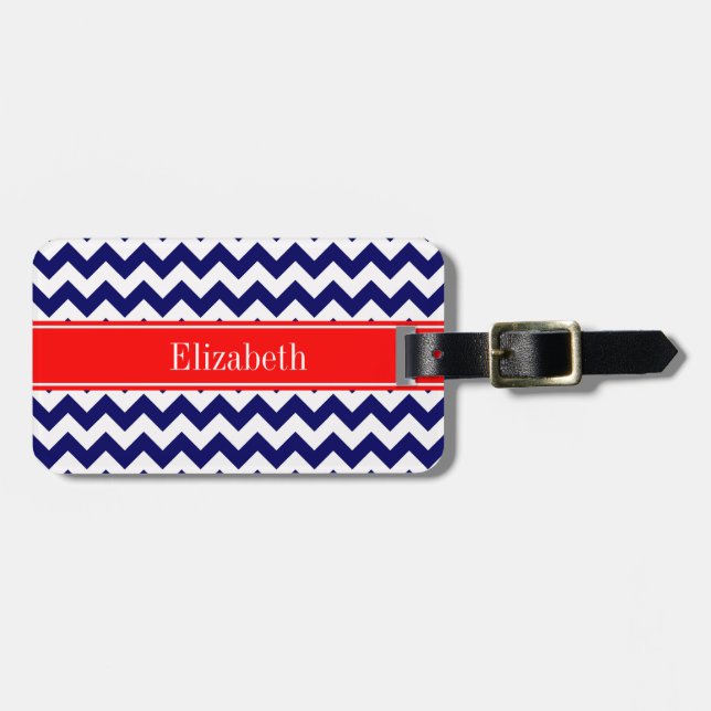 Navy Blue White Zickzack Zig Zag Red Name Monogram Gepäckanhänger (Vorderseite horizontal)
