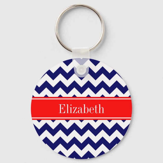Navy Blue White Zickzack Zig Zag Red Name Monogram Schlüsselanhänger (Vorderseite)