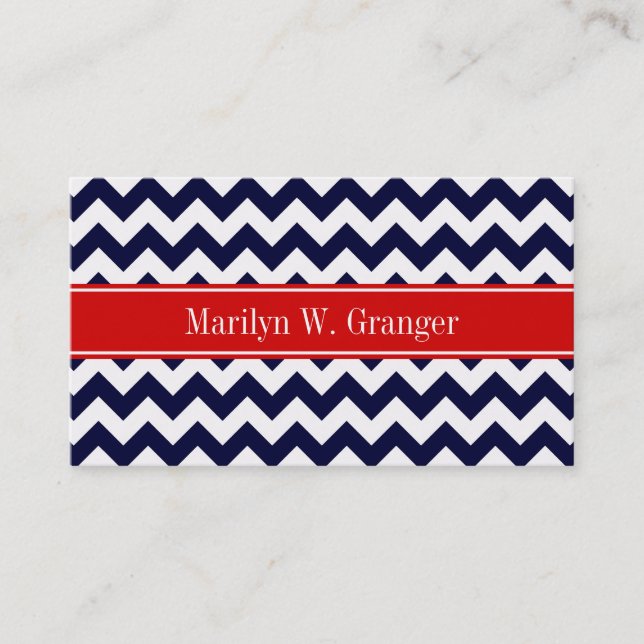 Navy Blue White Zickzack Zig Zag Red Name Monogram Visitenkarte (Vorderseite)
