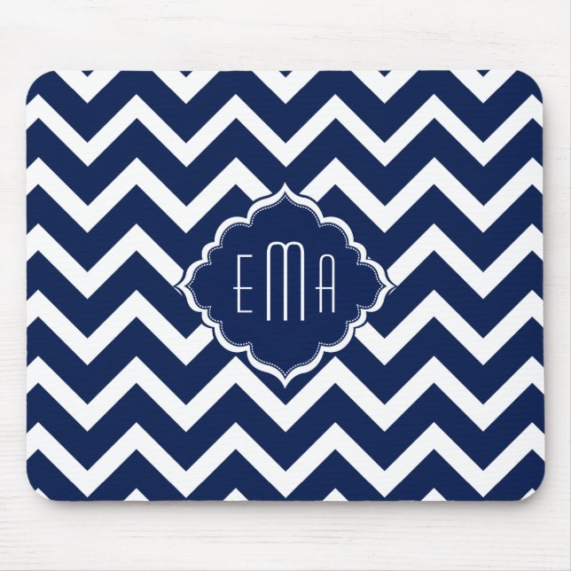 Navy Blue & White Zickzack Zigzag Muster Mousepad (Vorne)