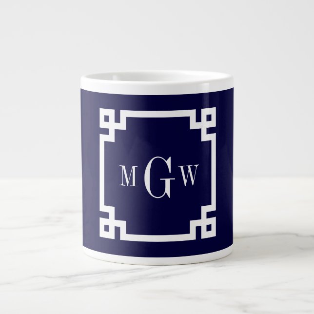 Navy Blue Whites griechischer Key #2 Gerahmt 3 Ini Jumbo-Tasse (Vorderseite)