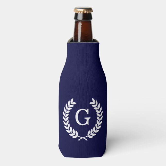 Navy Blue Wht Wheat Laurel Wreath Initial Monogram Flaschenkühler (Flaschenvorderseite)