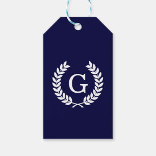 Navy Blue Wht Wheat Laurel Wreath Initial Monogram Geschenkanhänger