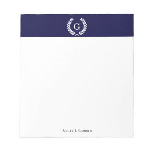 Navy Blue Wht Wheat Laurel Wreath Initial Monogram Notizblock