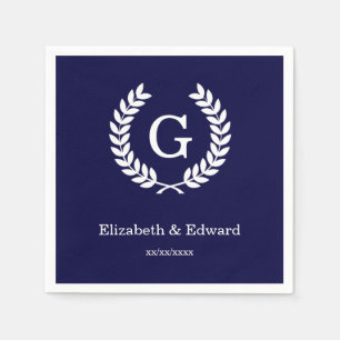 Navy Blue Wht Wheat Laurel Wreath Initial Monogram Serviette