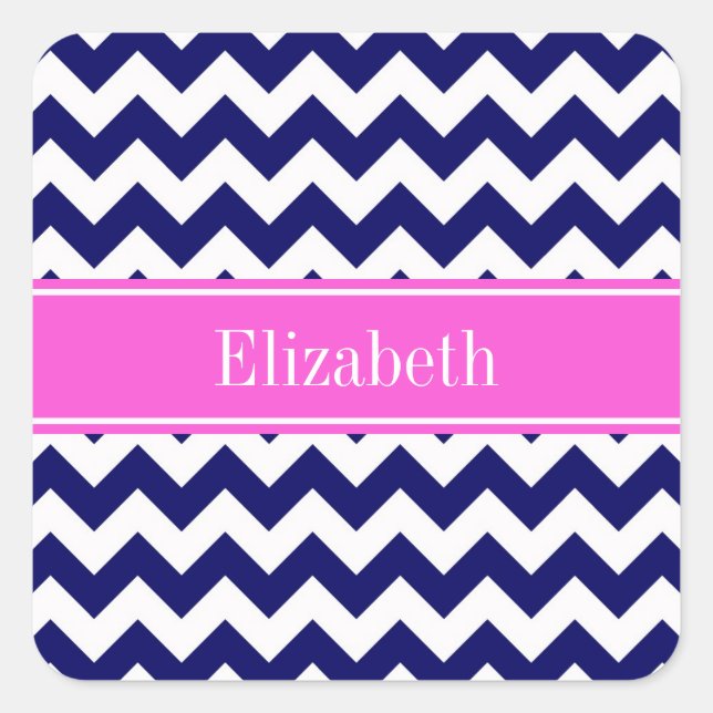 Navy Blue WhZickzack Hot Pink Name Monogram Quadratischer Aufkleber (Vorderseite)