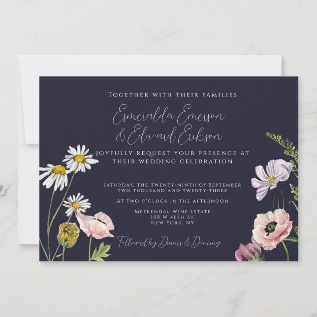  Navy Blue Wild Flower Garden Wedding  Einladung (Vorderseite)