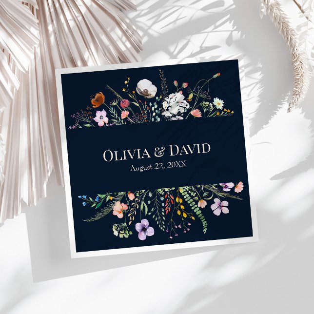 Navy Blue Wildblume Meadow Wedding Napkins Serviette (Navy Blue Wildflower Meadow Wedding Napkins on a sunny white table.)