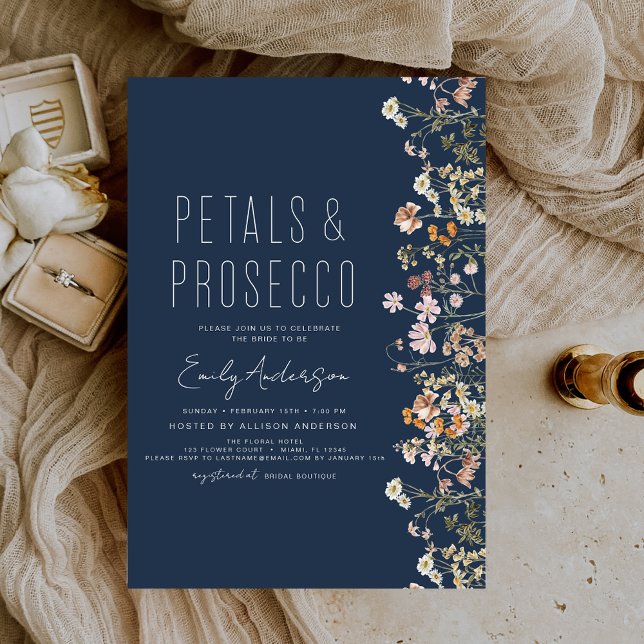 Navy Blue Wildblume Petals Prosecco Brautparty Einladung (Von Creator hochgeladen)