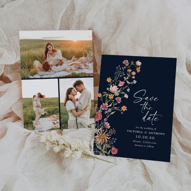 Navy Blue Wildblume Save the Date mit Foto Card (Von Creator hochgeladen)