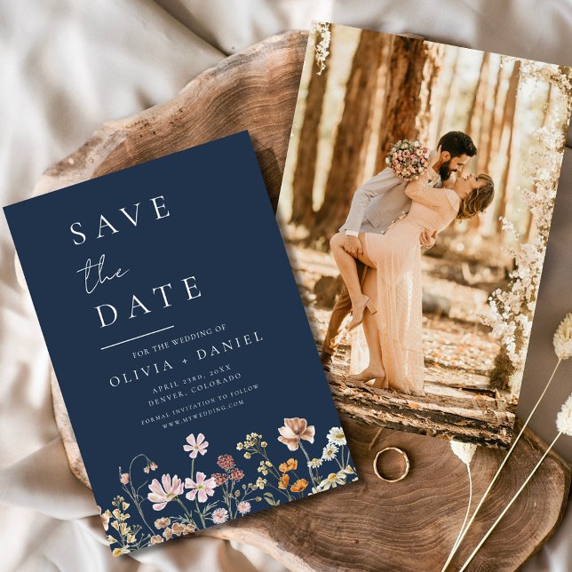 Navy Blue Wildblumen Foto Boho Save the Date (Von Creator hochgeladen)