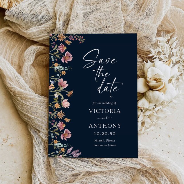 Navy Blue Wildblumen speichern die Datumskarten Save The Date (Von Creator hochgeladen)