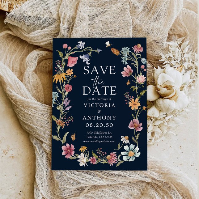 Navy Blue Wildblumen speichern die Datumskarten Save The Date (Von Creator hochgeladen)
