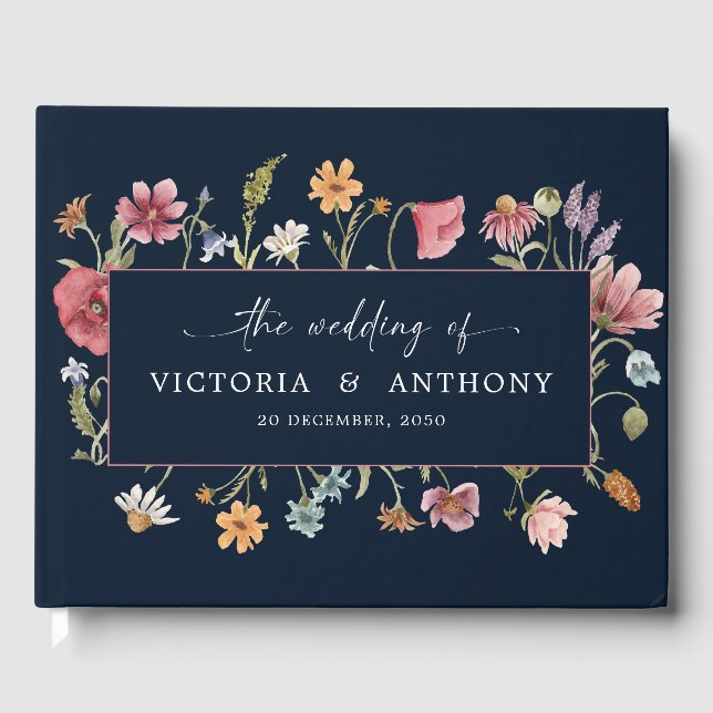 Navy Blue Wildblumen Wedding Guest Book Gästebuch (Vorderseite)