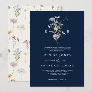 Navy Blue Wildblumen-Wiesen-Garten-Hochzeit Einladung