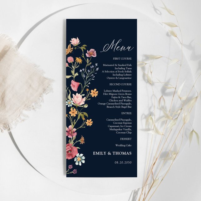 Navy Blue Wildflowers Wedding Menu Menükarte (Von Creator hochgeladen)