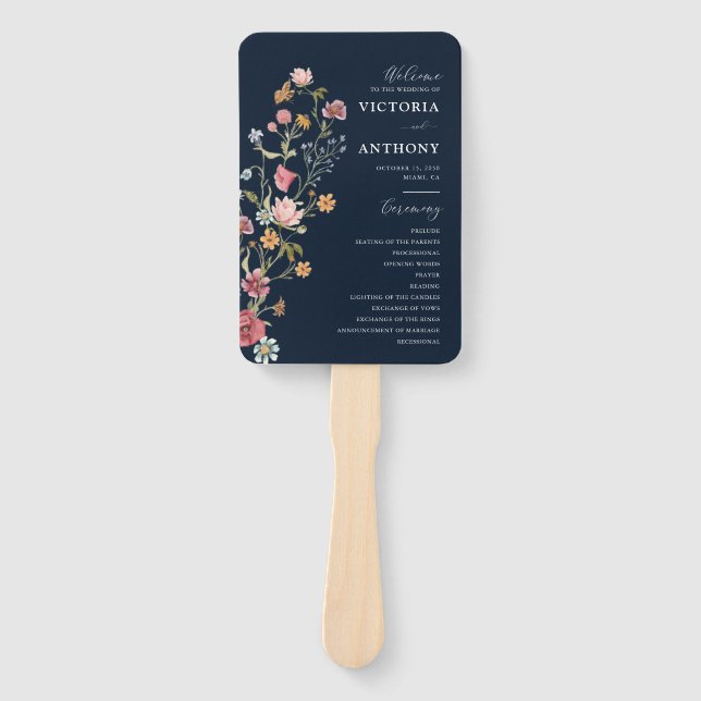 Navy Blue Wildflowers Wedding Program Hand Fan Fächer (Vorderseite)