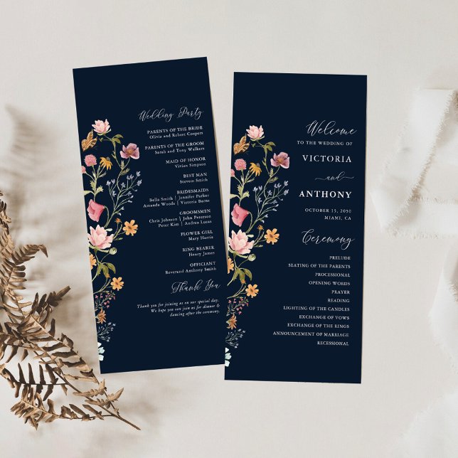 Navy Blue Wildflowers Wedding Program Programm (Von Creator hochgeladen)