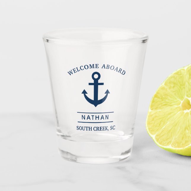 Navy Blue Willkommens an benutzerdefinierten Monog Schnapsglas (Vorderseite)