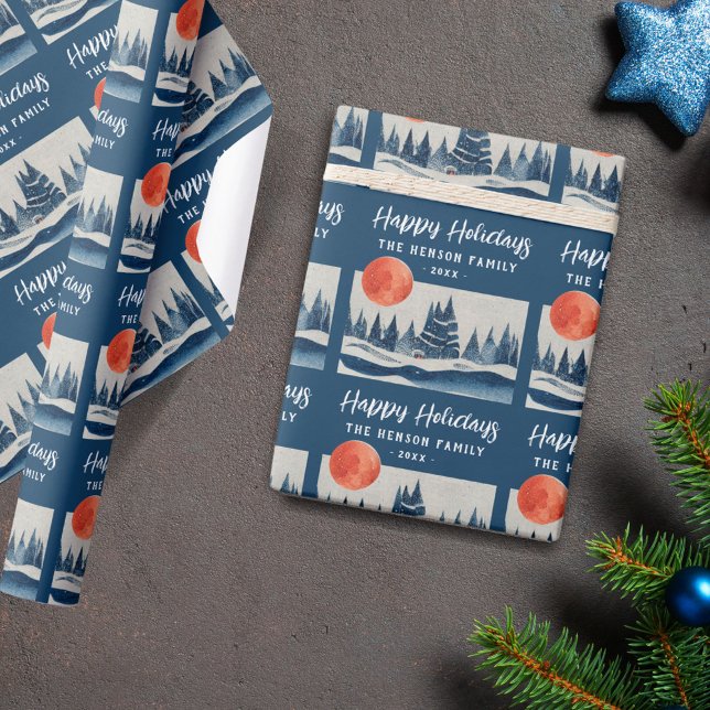 Navy Blue Winter Landscape Forest Moon Drawing  Geschenkpapier (Von Creator hochgeladen)