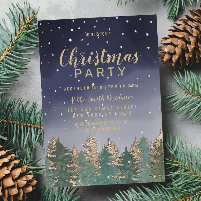 Navy Blue Winter Watercolor Schneebäume Weihnachte Einladung (Navy Blue Winter Watercolor Snow Trees Christmas Invitation )