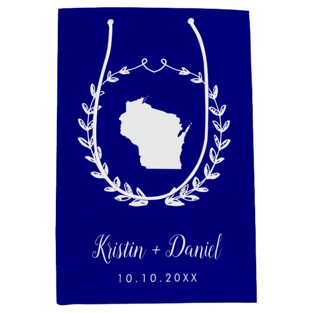 Navy Blue Wisconsin Map Wedding Welcome Swag Mittlere Geschenktüte (Vorderseite)