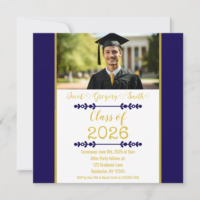 Navy Blue with Gold Graduation Invitation Einladung (Vorderseite)