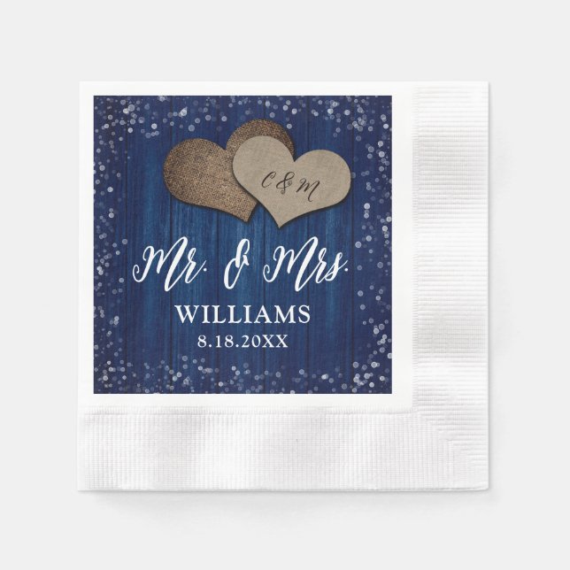Navy Blue Wood Burlap hört Mr. & Mrs. Wedding Serviette (Vorderseite)