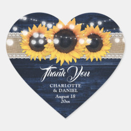 Navy Blue Wood Burlap Lace Sunflower Wedding Favor Herz-Aufkleber