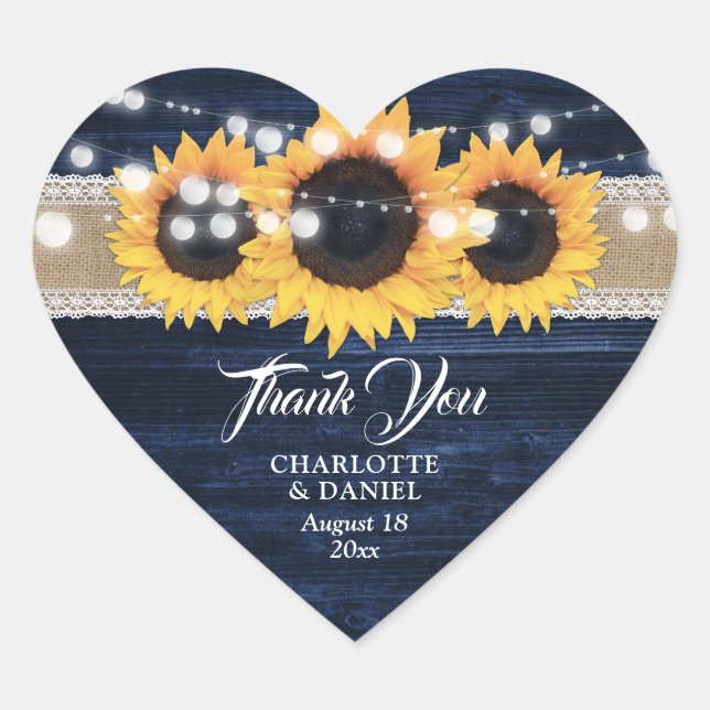 Navy Blue Wood Burlap Lace Sunflower Wedding Favor Herz-Aufkleber (Vorderseite)