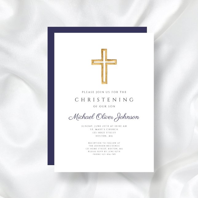 Navy Blue Wood Cross Religious Boy Christening Einladung (Navy Blue Wood Cross Religious Boy Christening Invitation)