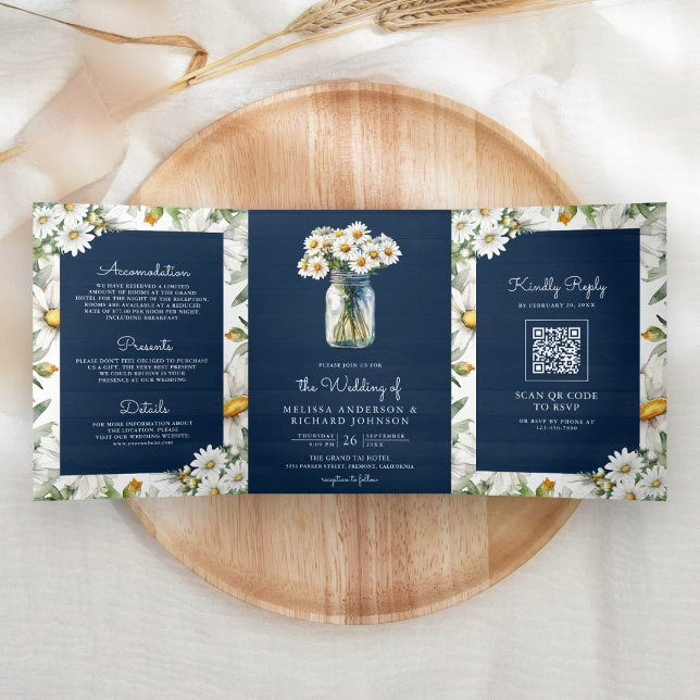 Navy Blue Wood Daisies Mason Jar QR Code Wedding Dreifach Gefaltete Einladung (Von Creator hochgeladen)
