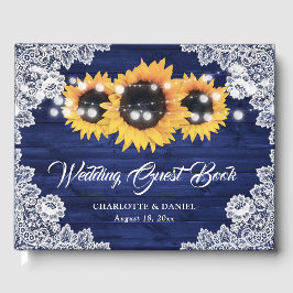 Navy Blue Wood Floral Lace Sunflower Wedding Gästebuch