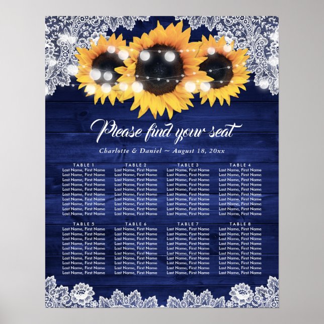 Navy Blue Wood Lace Sunflower Seating Chart Poster (Vorne)