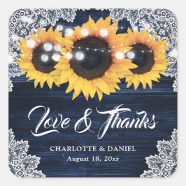 Navy Blue Wood Lace Sunflower Wedding Thank You Quadratischer Aufkleber